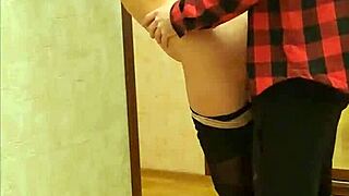 Fit brunette gives slow POV blowjob, perfect boobs bounce in standing doggy.