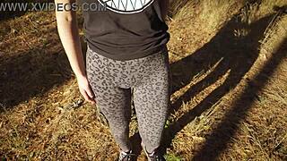 girl flaunts huge cameltoe through tight leopard leggings outside