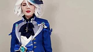 kinky furina cosplay rides for aether's cum creampie in shaved pussy instead of dessert