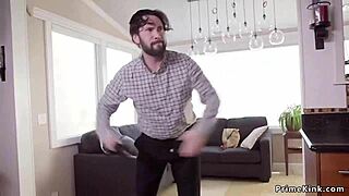 Blonde bound teen chokes on cock under domination whipping