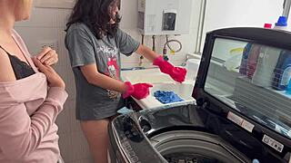 Two Horny Amateur Latinas Trib and Fuck Silently in Kitchen