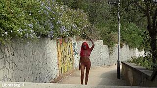 stripping naked in barcelona streets flashing shaved pussy