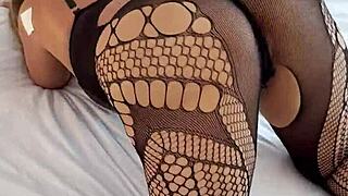 Sexy latina in see-through pantyhose rides cock hard at hotel