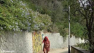 stripping naked in barcelona streets flashing shaved pussy