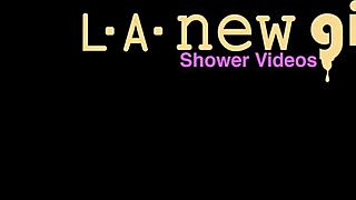 cute 18+ blonde teen steps into steamy shower soaping her petite body