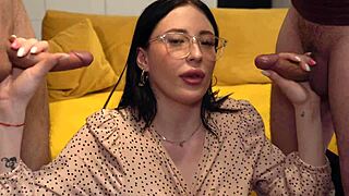 nerdy brunette cutie shares our massive cocks in hot threesome