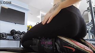 Naughty Tattooed Blonde Flashes Wet Tits and Cameltoe at Gym