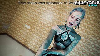 full-body tattooed slut brutally rides huge black dildo on chair!