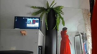 CURVY MILF SONYA POSES NUDE RED DRESS UPSKIRT MIRROR TEASE