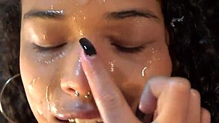 Brunette beauty takes five massive facials in sloppy deepthroat cumshot frenzy