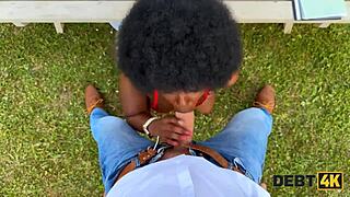 seductive ebony beauty with huge shaved pussy pays debt through intense desk pounding