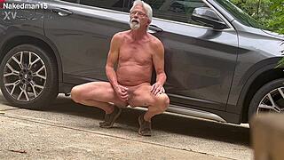 hey watch this guy stroke his cock outdoors till he explodes all over