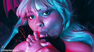 morrigan stuffs latex pantyhose into her wet pussy for foot fetish fun