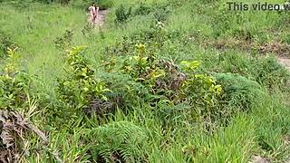 climbing mountain to fuck long-haired guide outdoors