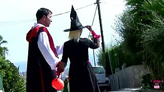 blonde cosplay babe anal fucked by two guys at party
