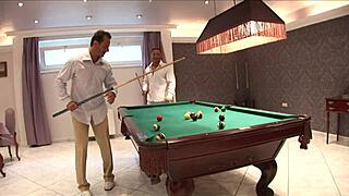 Raven haired babe mandy bright kneels sucks two throbbing cocks then takes double anal pounding