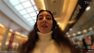 Skinny teen wets jeans with public pee flash in crowded shopping mall