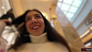 Skinny teen wets jeans with public pee flash in crowded shopping mall