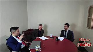 milf employee sofa test turns into wild team blowjob suckfest