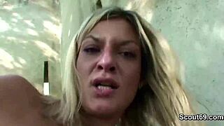 two guys lure petite stranger for outdoor cash fuck