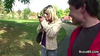 two guys lure petite stranger for outdoor cash fuck