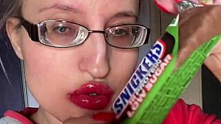 giantess with big lips and eyeglasses smears snickers protein bar fetish