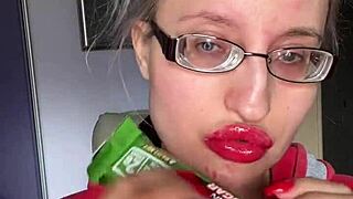 giantess with big lips and eyeglasses smears snickers protein bar fetish