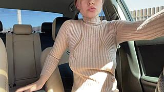 Busty Russian Fingers Pussy to Wild Orgasm in Public Car