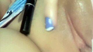 Colombian beauty masturbates shaved pussy with toy closeup