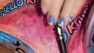 Colombian beauty masturbates shaved pussy with toy closeup