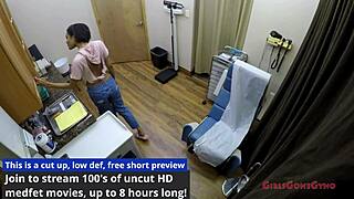 jackie banes endures latex gloves jeans fetish in brunette physical exam