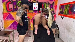 BBW with Giant Ass Gets Pussy and Ass Licked While Tattooed in Studio!