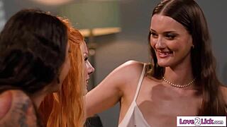 tall tattooed redhead turns canceled date into shaved pussy licking lesbian threesome