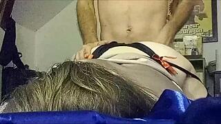 french slut in satin red dress takes doggystyle pounding with ass rimjob and panties aside