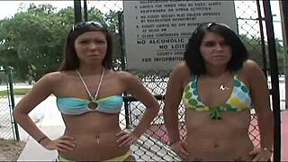 Two college brunettes flash shaved pussies nude in Tampa public spots
