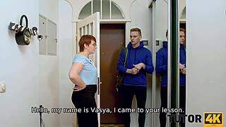 russian redhead tutor fails exam gets shaved pussy fucked hard