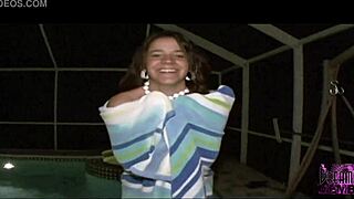 skinny tanned brunette coed dips in stranger's pool