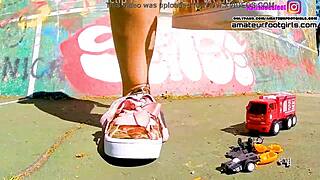 kati giantess crushes toy car trample stomps huge sneakers plastic crush