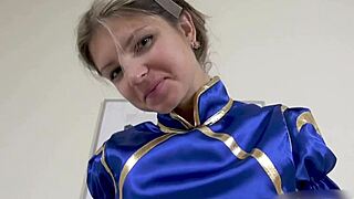 Pretty Chun Li cosplayer fingers her tight teen pussy solo