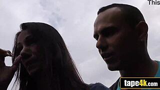 hot brunette girlfriend slut for cash blows big cock as asshole boyfriend watches public