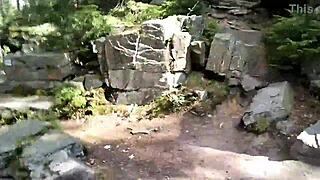 hot ladyboy strokes her cock solo outside