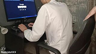 Young European glasses girl delivers intense homemade POV blowjob and cum swallow.