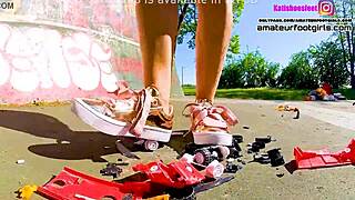 kati giantess crushes toy car trample stomps huge sneakers plastic crush