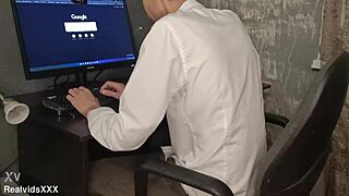 Young European glasses girl delivers intense homemade POV blowjob and cum swallow.