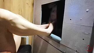 Skinny tall tattoo wife slut gives first dominated footjob cum at gloryhole