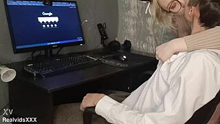 Young European glasses girl delivers intense homemade POV blowjob and cum swallow.