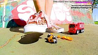 kati giantess crushes toy car trample stomps huge sneakers plastic crush
