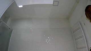 hot redhead college coed lifts miniskirt no panties no bra flashing huge tits pussy ass in bathroom