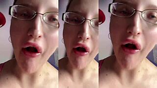 tall glasses fetish girl chews huge food while getting fucked