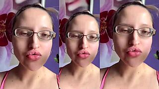 tall glasses fetish girl chews huge food while getting fucked